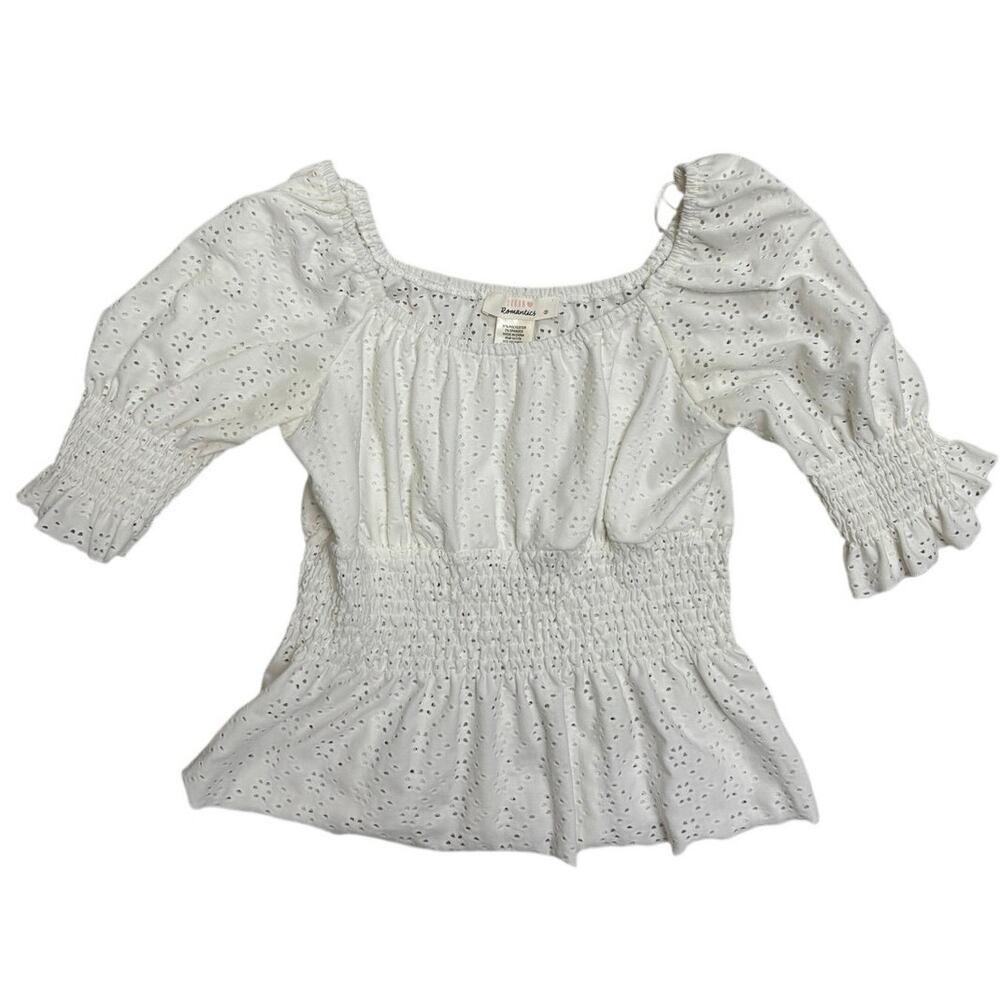 Urban Romantics Eyelet Puff‑Sleeve Top 🤍 White Ivory Smocked Boho Top • Size S